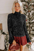 Sequin Mock Neck Drape Open Back Bell Sleeve Lined Top